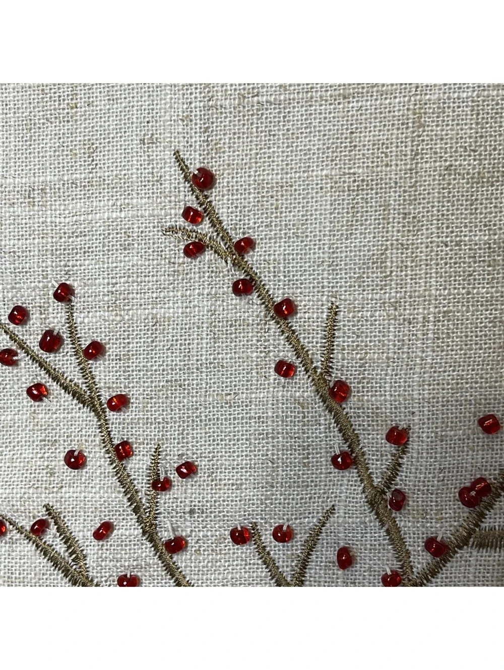 Linen Polyester Blend Natural Red Beaded Table Runner Autumn Holiday 70 Inches